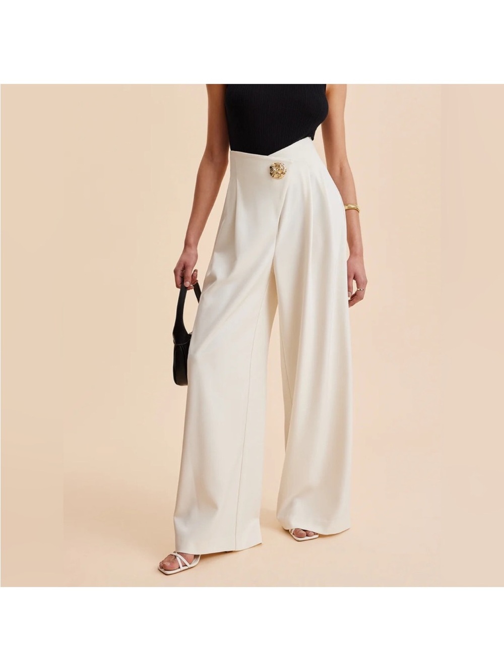 Commense Cream High-Waist Wide-Leg Trousers with Statement Button